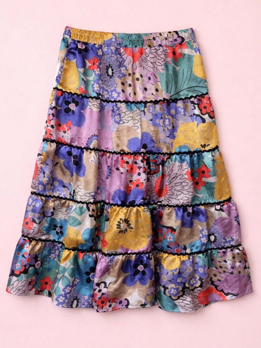 Cato Floral Patchwork Satin Tiered Midi Skirt Size M Colorful Boho
